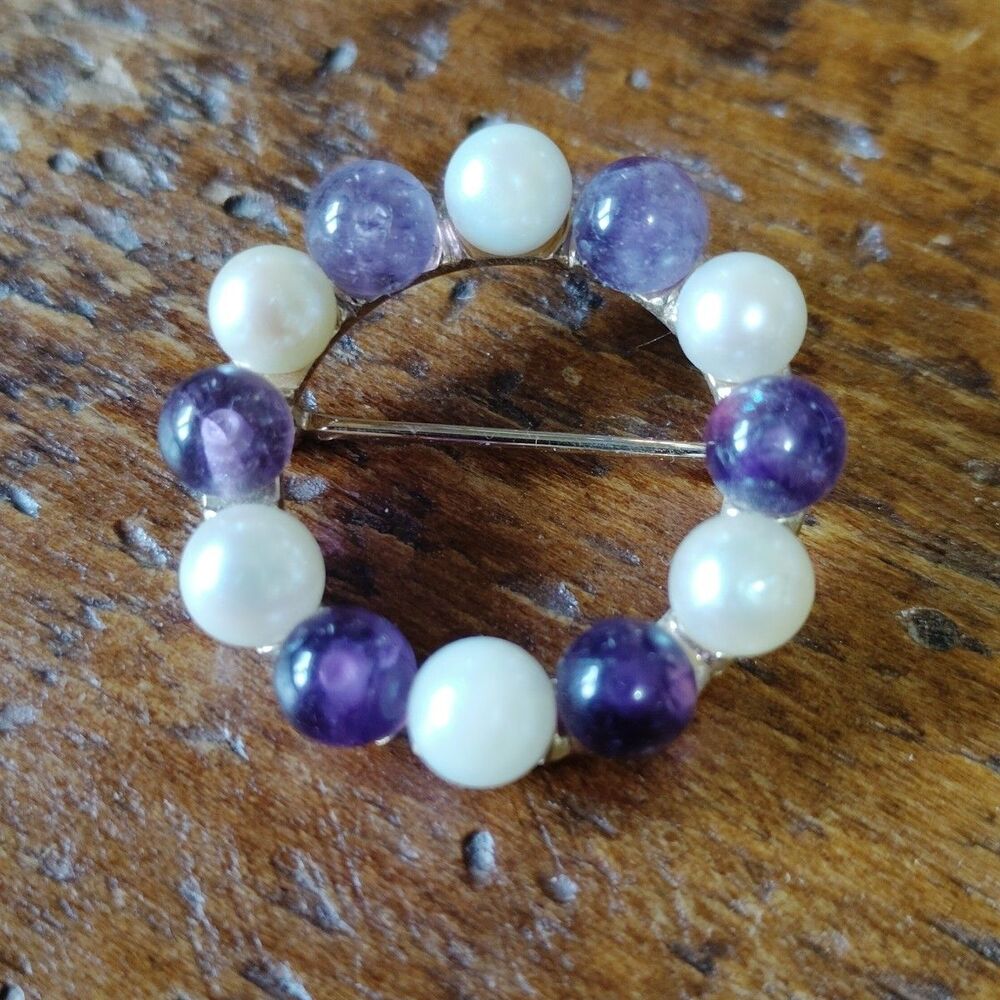 Vintage Purple Bead Pearl 1” Circle Pin Anson KaratClad Jewelry Brooch